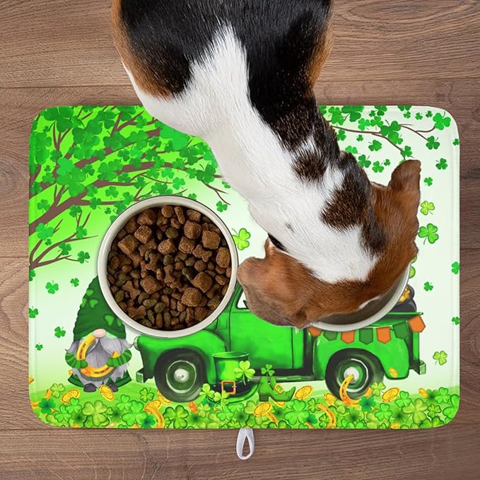 Kwlegh St Patrick's Day Shamrock Dish Drying Mat for Kitchen Counter Green Gnome Truck Dish Dry Mat St Patrick Spring Drying Mats Microfiber Absorbent Dish Drainer Rack Mat Large 18x24 Inch