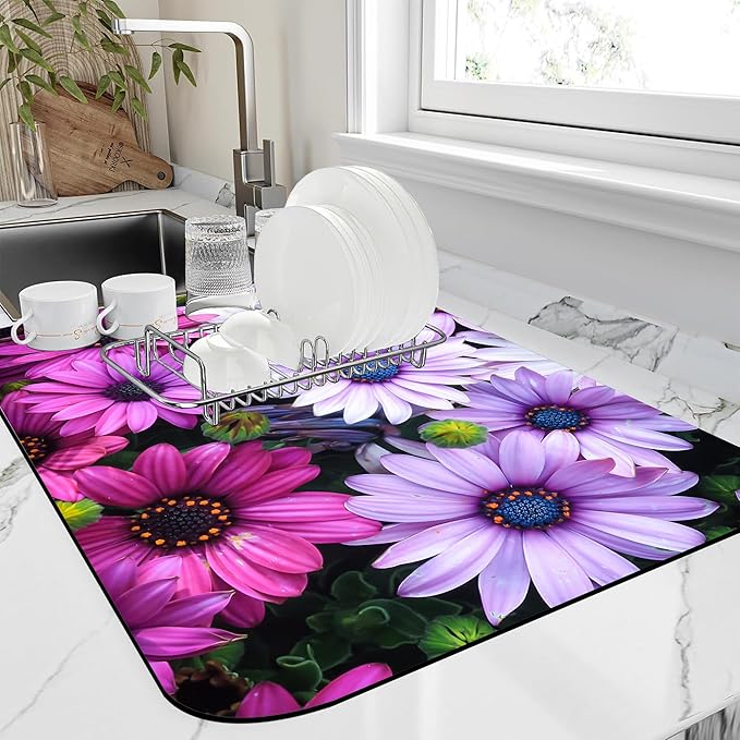 Kitchen Mat Beautiful Purple Flowers Dish Drying Mat 12"x19" Bsorbent Coffee Maker Mat for Sink Dishes or Under Rack Kitchen Counter Accessories Absorbent Hide Stain Rubber Backed Dish Drying Pad