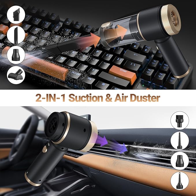 Ytnewin Car Vacuum Portable Cordless,16000PA Strong Suction Handheld Car Cleaner with Dual HEPA Filters,LED Light,Type-C Charging Mini Vacuum, One-Click Empty Compact for Home Cleaning and Office