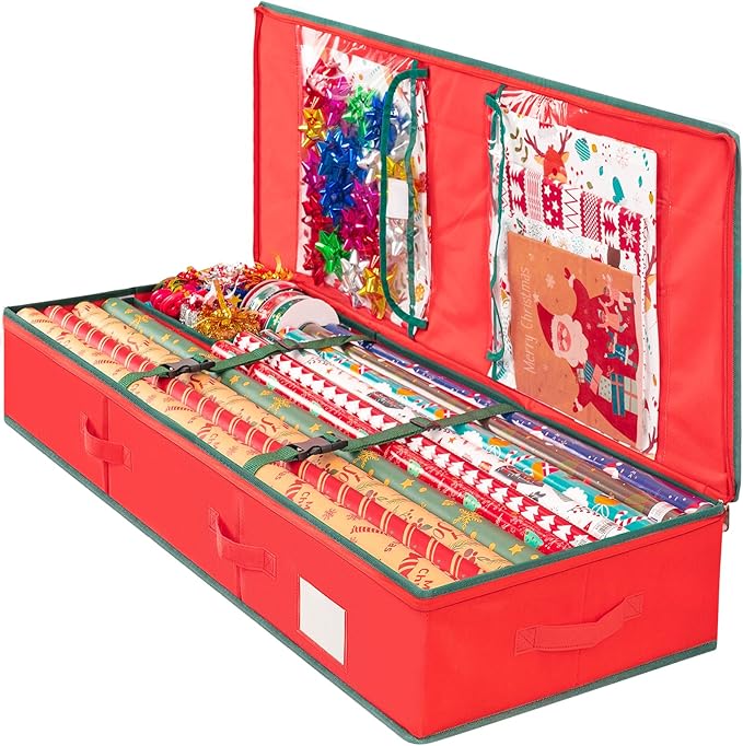 Criusia Gift Wrapping Paper Organizer Storage, Durable Underbed Storage Container Fits 24 Rolls, with Removable Dividers and Pockets for Ribbon, Ornaments, Holiday Accessories, Red