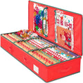 Criusia Gift Wrapping Paper Organizer Storage, Durable Underbed Storage Container Fits 24 Rolls, with Removable Dividers and Pockets for Ribbon, Ornaments, Holiday Accessories, Red