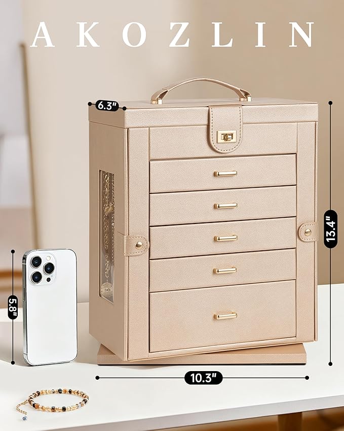 AKOZLIN Jewelry Box 360° Rotating 6-Tier Functional Jewelry Storage Case Organizer for Women Girls Ring Necklace Earring Bracelet Holder with Mirror