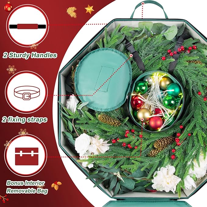 2 Pack Wreath Storage Christmas Garlands Bag with Interior Pockets Large Xmas Container Box for Holiday Decorations Case with Dual Zipper and Handles Window Labeling Card Slot 24" Green