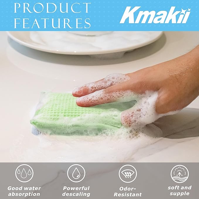 KMAKII Bamboo Kitchen Sponges Dish Sponge Super Absorbent Natural Dish Sponges, Green, Pack of 6