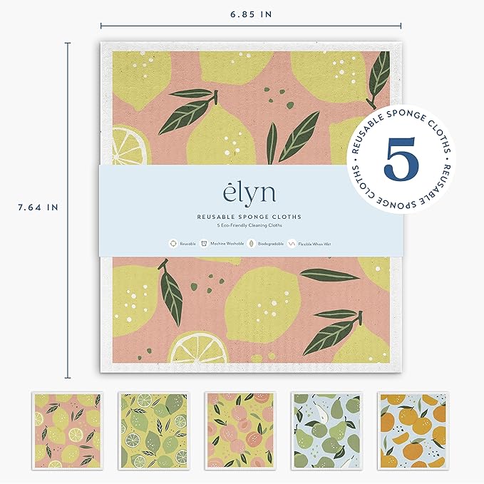 ELYN Swedish Dishcloths, Reusable & Washable Sponge Cloths, Absorbent Cleaning Paper Towels for Kitchen, Dishes, Counters and More, 5 Pack, Assorted Fruit Pattern