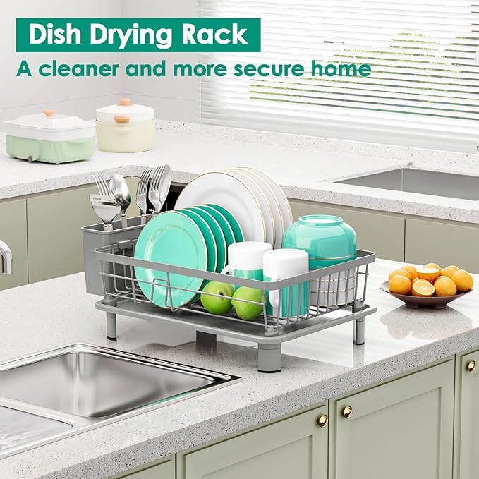 GAOKASE Dish Drying Rack, Space-Saving Dish Rack, Dish Racks for Kitchen Counter, Kitchen Dish Drainers with Removable Utensil Holder,Plate Rack and Drainboard, 11''W x 15''L, Gray