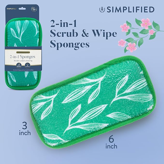 Simplified 5-Pack Scrub & Wipe 2-in-1 Dishwashing Sponges - Non-Abrasive Cleaning Sponges, Double-Sided - Safe for Dishes, Non-Stick Pans or Glassware, Absorbent Dish Sponges, Green Leaves
