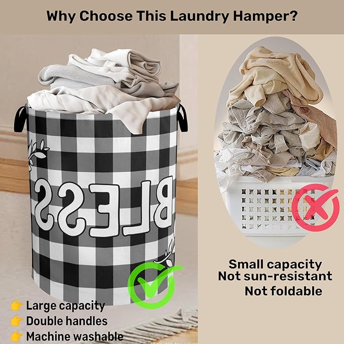 Checkered Bless Laundry Basket, Black White Foldable Laundry Hamper, Waterproof Fabric Storage Basket with Handles, Clothes Hampers for Laundry,Bedroom,Dorm