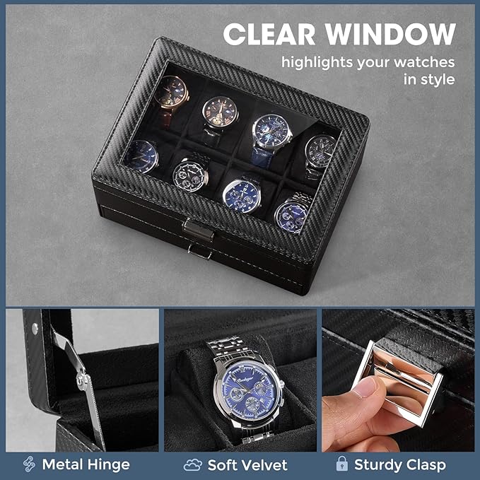 ProCase Watch Box for Men, Jewelry Organizer Box with Drawer, Display Storage Case with Glass Lid -AllBlack, 16 Slot