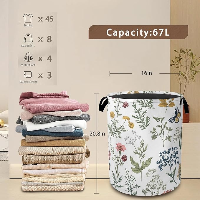 Beautiful Floral Laundry Hamper,Collapsible Laundry Baskets,Flowers Butterfly Dirty Clothes Baskets with Handles,Oxford Cloth Hamper for Bedroom,Bathroom,College Dorms,16"x20"