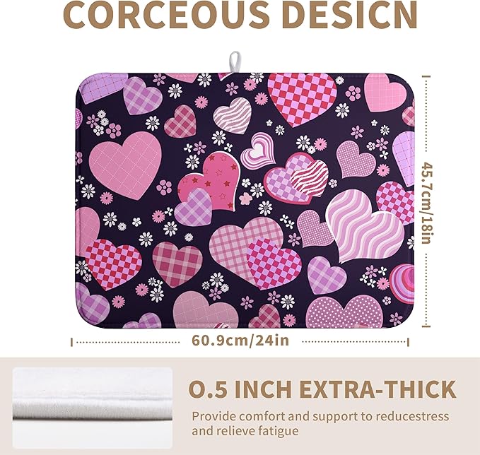 Valentine Pink Love Heart Dish Drying Mat for Kitchen Counter - Happy Valentine's Day Microfiber Pad 18x24 Inch Absorbent Drainer Large Dryer Kitchen Accessories