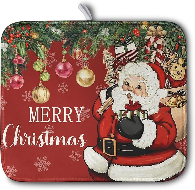 Kwlegh Merry Christmas Dish Drying Mat Santa Claus Kitchen Drainer Mats Microfiber Absorbent Winter Xmas Holiday Dishes Pad Reusable Dish Rack Mat for Countertop Tableware Decor 16x18 Inch