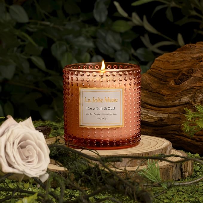 LA JOLIE MUSE Rose Noir & Oud Scented Candle – Lemon, Rose & Oud | 10 oz Natural Soy Wax | 55 Hours Clean Burn | Valentines Day Gifts for Her | Elegant Home Décor