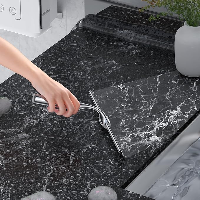 Shower Squeegee for Glass Door Stainless Steel Bathroom Squeegee Window Wiper, Includes Shower Door Hook, Adhesive Hook, and Spare Silicone Blade for Window Mirror Car 12-Inch