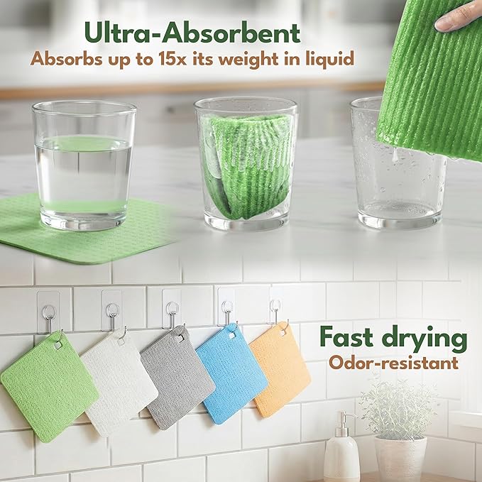 AIRNEX 5 Pack Cellulose Swedish Dishcloths for Kitchen - Eco-Concious Reusable Dish Towels & Cloths - Super Absorbent, Odor Resistant and Fast Drying Wash Cloths for Dishes & Surfaces