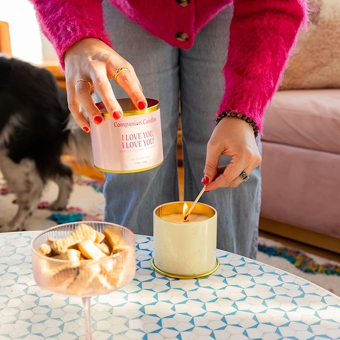 Companion Candles Pet Safe Wood Wick Candle - “I Love You, I Love You!” Sandalwood & Amber, Coconut Soy Wax Scented, Over 50 Hr Burn Time, Non-Toxic, Women-Owned, Made in USA (11.8 oz.)