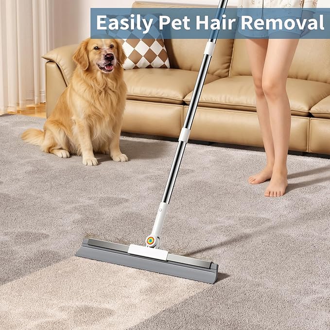 Squeegee Broom for Floor, Rubber Silicone Magic Broom with 180° Rotating Head & 63" Long Handle, Floor Squeegee Broom for Indoor/Outdoor Floor Cleaning, Pet Hair, Tile, Garage Concrete, Glass
