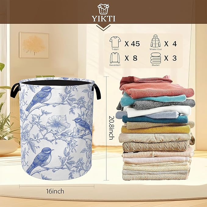 Collapsible Laundry Basket,Blue Birds Dirty Clothes Hamper,Spring Flower Hampers for Bedroom Waterproof Oxford Cloth Storage Organizer for Bathroom,Nursery,Dorm,16x20 Inch