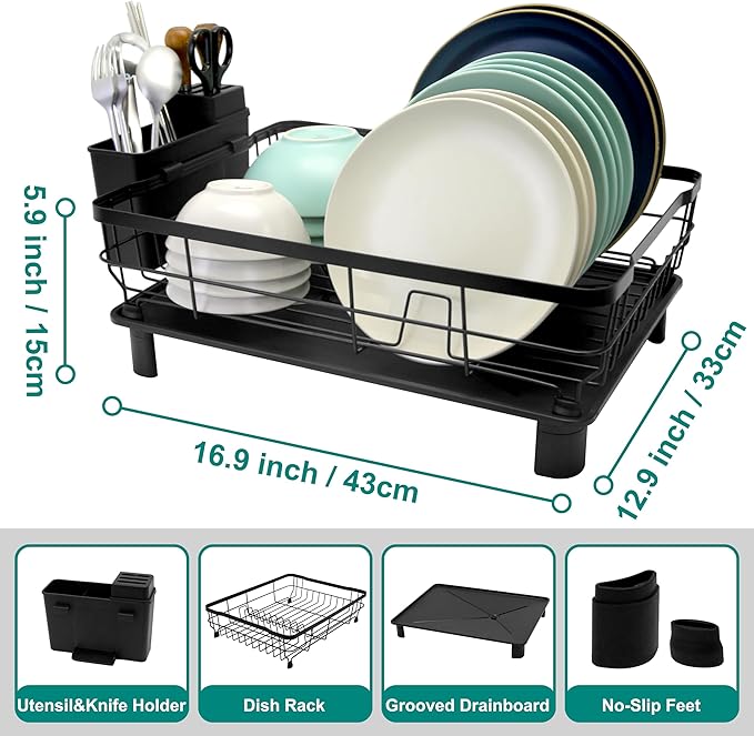 Goderewild Dish Drying Rack for Kitchen Counter,Space-Saving Dish Rack with Drainboard,Rustproof Countertop Dish Drainer with Utensil Holder for Sink,Black