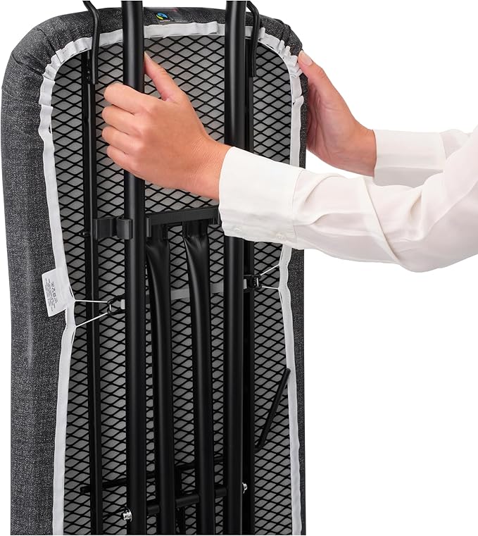 Brabantia - Ironing Board B – Solid Steam Iron Rest – Adjustable Height – Non-Slip Rubber Feet – 100% Fairtrade Cotton Cover with Foam Padding – Foldable – Denim Black – Size B (49 x 15 in)