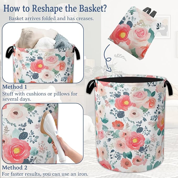Pink Flowers Laundry Basket,Foldable Waterproof Oxford Cloth Tote Bag Cactus Laundry Hamper with Handles,20.8"x16" Clothes Storage Bucket Organizer for Laundry Room, Bathroom, Bedroom