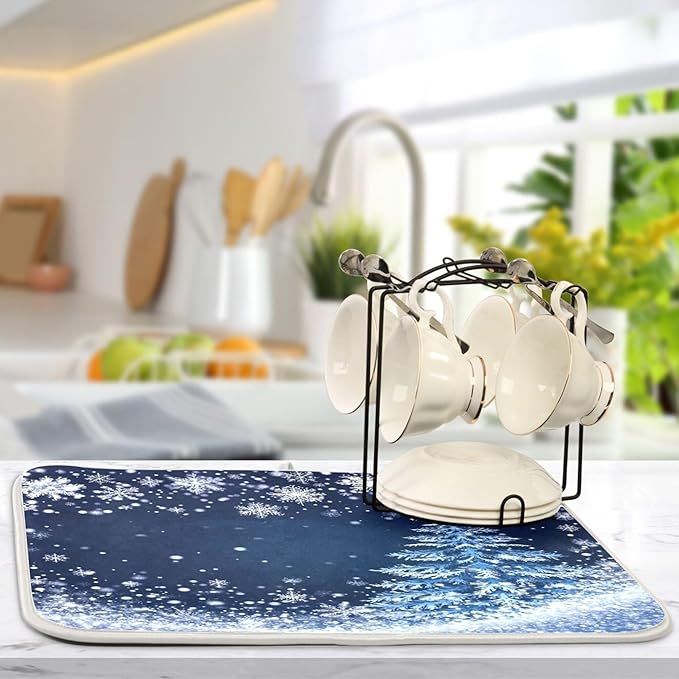 Christmas Tree Blue Dish Drying Mat for Kitchen Countertop 18x24 Winter Snowflake Silver Xmas Large Drying Mat Reusable Quick Dry Dish Sink Mats Easy Clean Decorative Essentials