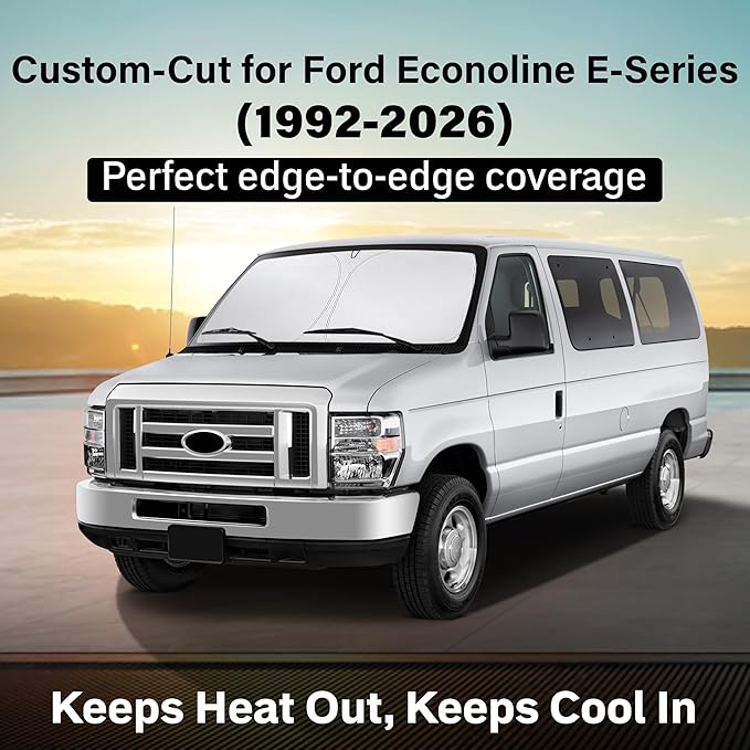 EcoNour Windshield Sun Shade Compatible for Ford Econoline E-Series 1992–2026 | Van Front Window Sunshade | Heavy-Duty Foldable Sun Visor Protector | Blocks UV Rays & Reduces Cabin Heat