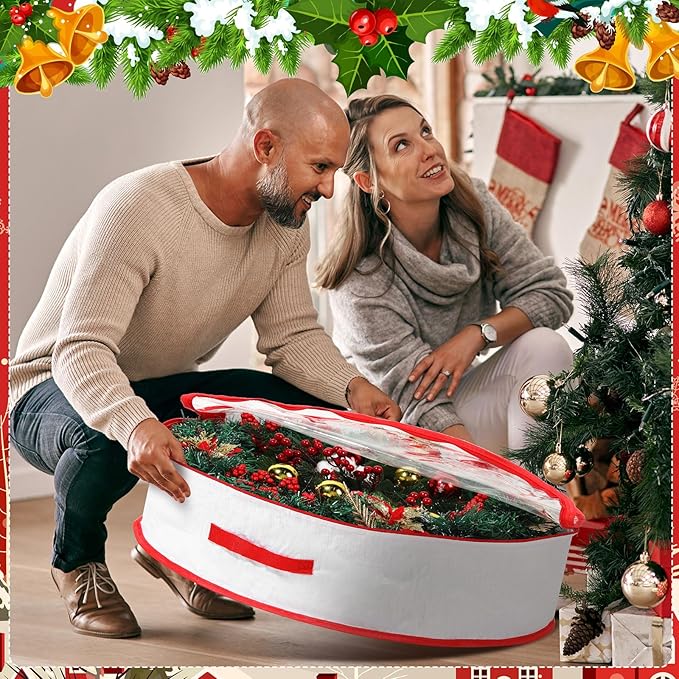 Aliceset 4 Pack Wreath Storage Containers, Christmas Ornament Garland Wreath Storage Bags with Handle Dual Zipper Large Decorative Storages Box for Winter Wreaths(36 x 36 x 7.8 Inch,White)