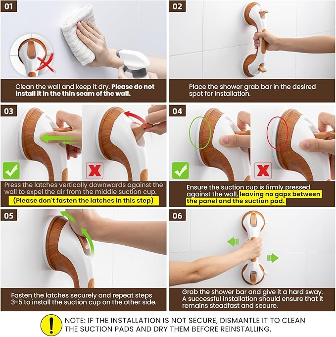 TAILI Shower Grab Bar, 12 Inch Shower Handle for Bathtubs and Elderly, Suction Grab Bars for Seniors Bathroom Safety Handles for Elderly, No Drilling Removable,Wood Grain