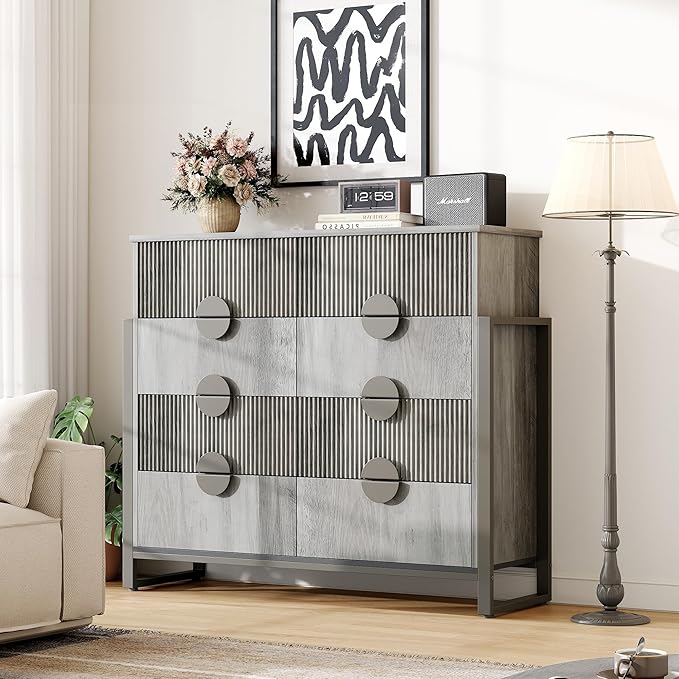 Fluted Dresser for Bedroom with 8 Drawers, 50" Wide Chest of Drawers with Raised H Legs and Curved Profile Design, Wood Closet Clothes Storage Organizer for Bedroom, Hallway, Grey
