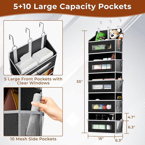 5-Tier Over The Door Storage Organizer with 10 Side Mesh Pockets, 48 lbs Load Capacity, 3 Hooks Design, Door Hanging Organizer with Clear Windows for Bathroom, Bedroom, Nursery, Kitchen-Black