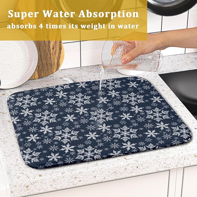 Christmas Dish Drying Mat for Kitchen Counter 18x16 Inch Xmas Snowflake Drying Mat with Absorbent Reversible Microfiber Blue Dish Drainer Mats Rack Pad for Coffee Countertop Protector