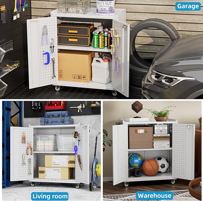13.8" D x 26" W x 34.3" H Metal Storage Cabinet with Pegboard and Hooks,Garage Storage Cabinet with Wheels and 2 Lockable Doors for Garage,Home,Office,Assembly Required,White