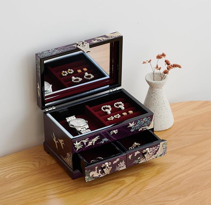 MADDesign Mother of Pearl Lacquered Jewelry Box Two Level Cranes (Purple)