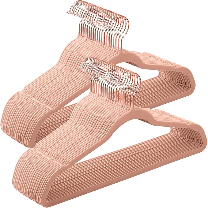 SONGMICS Slim Velvet Hangers, Non-Slip Clothes Hangers with Rose Gold Swivel Hooks, Space-Saving, for Closet, 50 Pack, Pink UCRF026P02