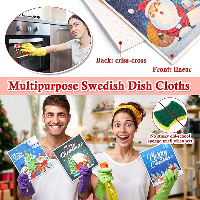 Lucomb 8 Pack Christmas Swedish Dishcloths Reusable, Kitchen Sponges Soft Absorbent Swedish Towels Dish Cloths Washable Decorative for Kitchen Washing Dishes Bathroom Office Hand Towel Cleaning