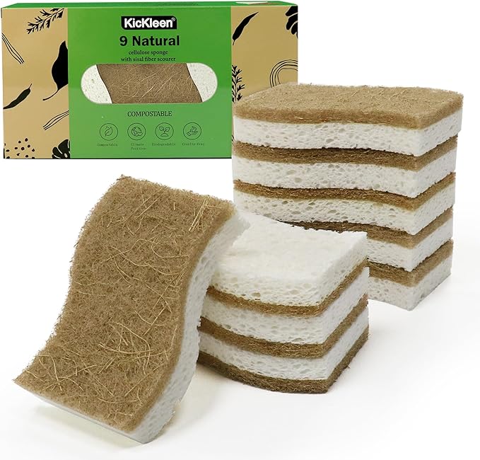 KICKLEEN 9 Pack Biodegradable Natural Kitchen Sponge - Compostable Cellulose and Coconut Walnut Scrubber Sponge - Eco Friendly Sustainable Sponges for Dishes
