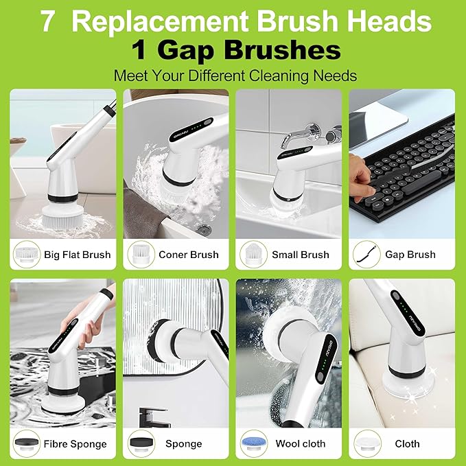 WKY-Electric Spin Scrubber - Upgraded 10-in-1 IPX7 Waterproof Shower Scrubber, Retractable Handle & 2-Speed for Toilet, Bathroom, Bathtub, Tile Floors