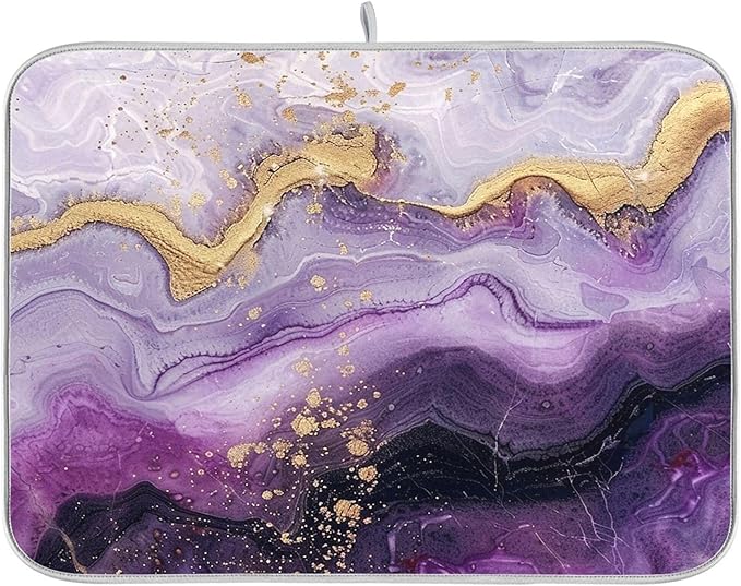 Marble Purple Gold Dish Drying Mat for Kitchen Countertop 18x24 Tie Dye Rectangle Large Drying Mat Reusable Quick Dry Dish Sink Absorbent Mats Dishwasher Easy Clean Decorative Home Decor Essentials