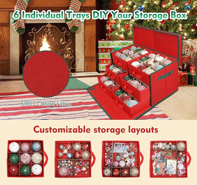 Large Christmas Ornament Storage Box with 6 Drawer Style Trays Fits 54 of 4" Ornament Balls - Side Opening, Christmas Container Perfect for Holiday Decorations, 600D Oxford Fabric Tear-Proof