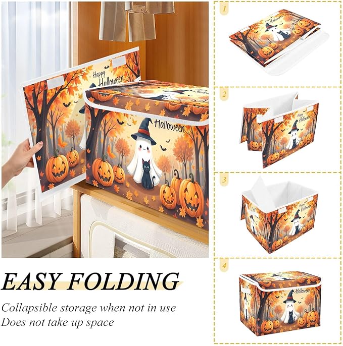 Bolaz Storage Bins with Lids and Handles,Maple Leaves Ghost Pumpkin Storage Box Basket with Cover Collapsible Organizer Containers for Home Closet, Shelves