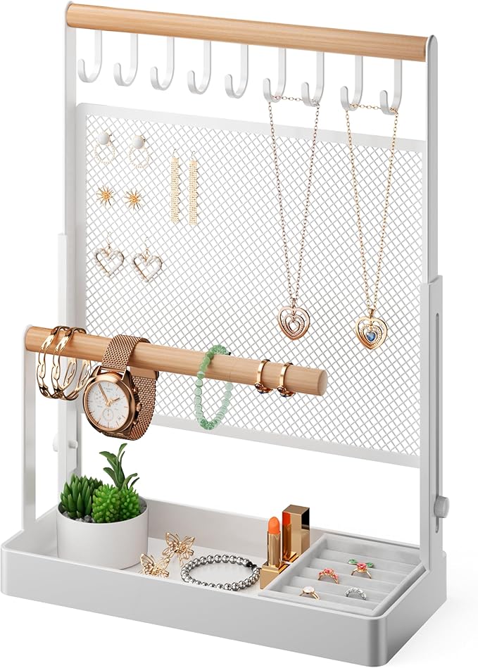 IOAIANIA Jewelry Organizer Stand with Velvet Ring Holder, Liftable Necklace Holder with Earring Organizer Net, 9 Hooks Necklaces Storage Wooden Handing Bar for Bracelets Watches Rings (White)