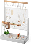 IOAIANIA Jewelry Organizer Stand with Velvet Ring Holder, Liftable Necklace Holder with Earring Organizer Net, 9 Hooks Necklaces Storage Wooden Handing Bar for Bracelets Watches Rings (White)