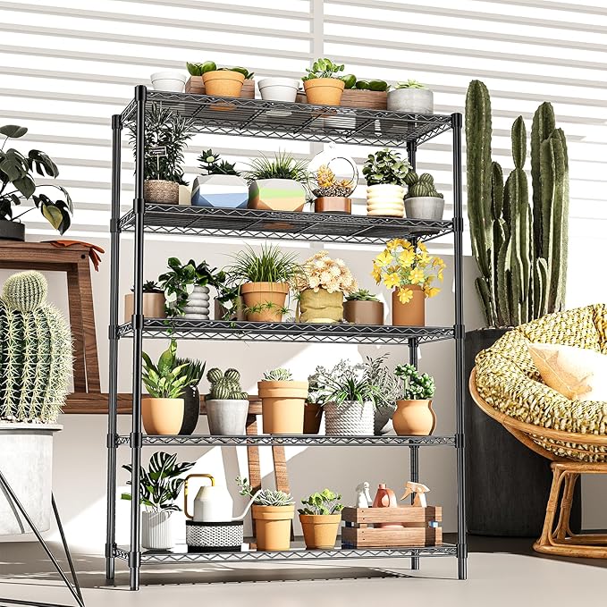 RackBro 48" W Storage Shelves 1875LBS Metal Shelving, 5-Tier Adjustable Wire Shelving Unit with Liners, Heavy Duty Garage Shelving Steel Rack for Commercial Pantry, 48" W x 18" D x 72" H, Black