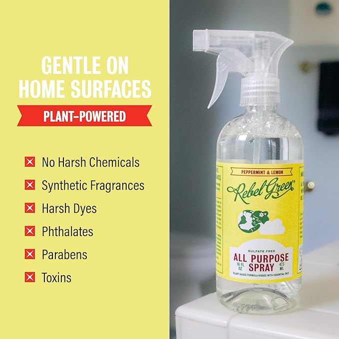Rebel Green Natural All-Purpose Cleaning Spray - Plant-Derived Multi-Surface Cleaner with Essential Oils for Kitchen, Bath, Countertops and More - Peppermint & Lemon Scent - 16 oz - 1 Pack