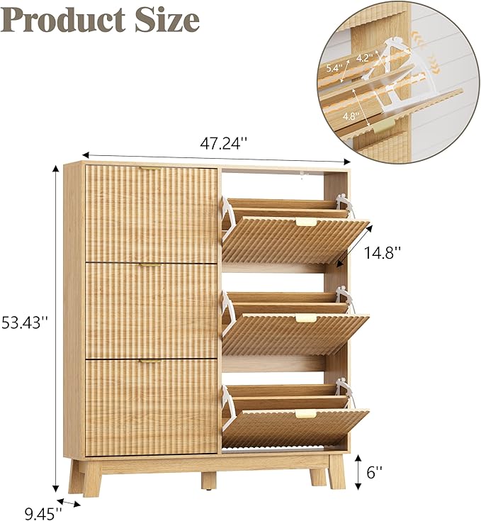 Shoe Cabinet Storage for Entryway with 6 Flip Drawers, Fluted Narrow Shoe Organizer with Wooden Legs, Freestanding Slim Shoe Storage Hidden Shoe Rack Organizer for Front Door Entrance, Oak