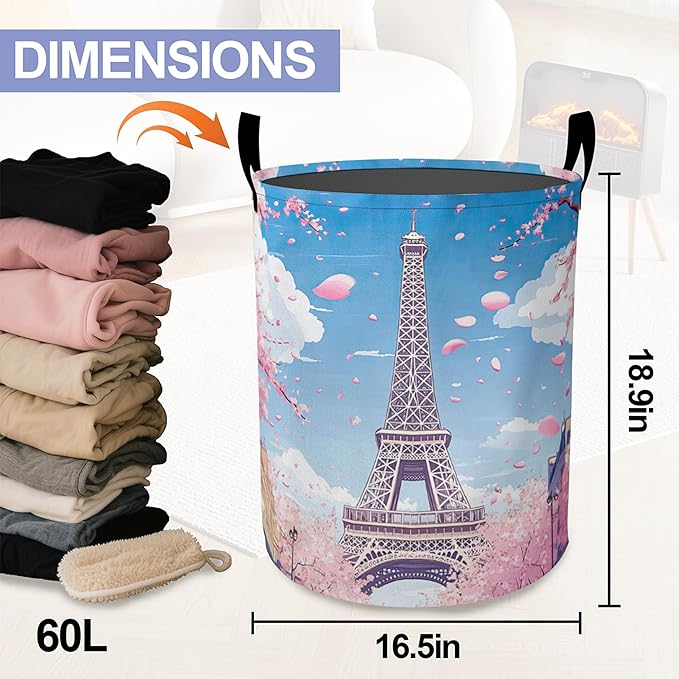 Romantic Eiffel Tower Laundry Basket, Cherry Blossoms Oxford Cloth Laundry Hamper With Handle Foldable Portable Clothes Storage Basket Storage Bag For Laundry Room/Bathroom/Bedroom/Dormitories