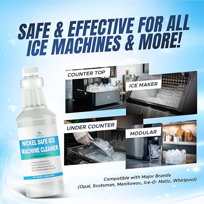 Nickel-Safe Ice Machine Cleaner & Descaler (1 Quart / 946 ml), Professional Descaling Solution for Commercial and Residential Ice Makers, Removes Scale & Mineral Build-Up, Compatible with Major Brands
