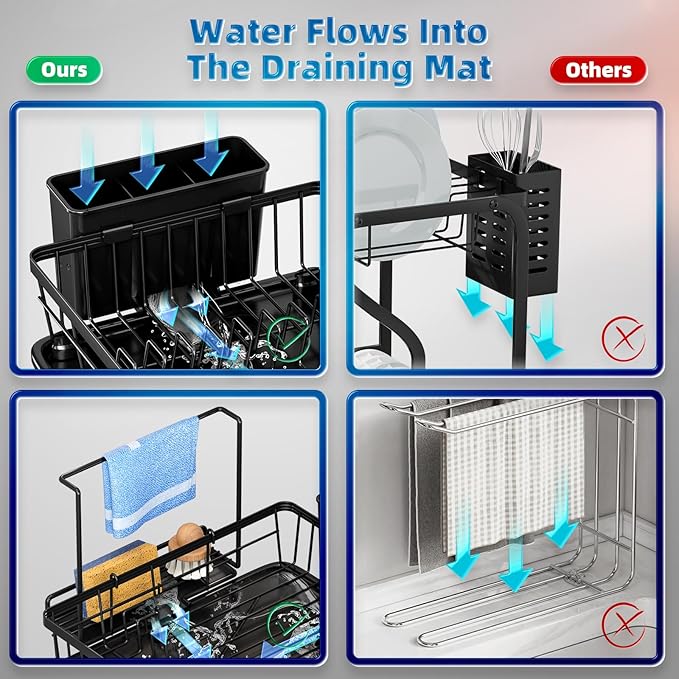 GAOKASE Dish Drying Rack, Compact Dish Racks for Kitchen Counter with Sponge Rack, Space-Saving Dish Drainer Drying Rack with Drainboard, Utensil Holder and and Automatic Drainage Drainboard, Black