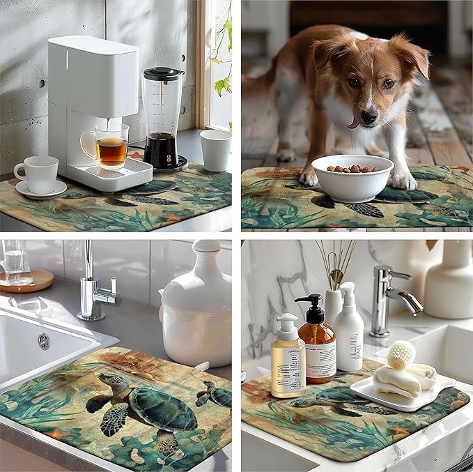 Wnoesat Sea Turtle Dish Drying Mat for Kitchen Counter Vintage Ocean Animal Microfiber Absorbent Dish Drainer Rack Mat Nautical Drying Mats Large Dish Draining Mat 18x24 Inch, 240220